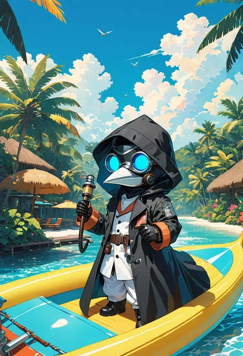 (masterpiece, best quality:1.1), (ultra highres, ultra-detailed:1.2),pop-art style,flatcolor, ((riding banana boat)),(in tropical resort,bluesky), BREAK chibi-boy,(male Mad-scientist),(wearing plague-doctor costume,white beak-mask),eyes glow blue,black hoo...