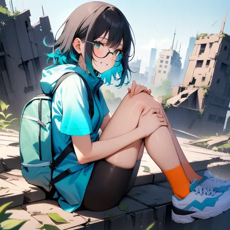 (masterpiece),(best quality),very aesthetic,(ultra-detailed),Collapsed civilization,(on the roof of a broken building),nsfw,1girl,25yo,slender,tall,medium hair,black hair,natural wave hair,flipped hair,dark green eyes,comfortable,grin,glasses,(straw hat wi...