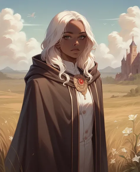 ((best quality)), ((masterpiece)), (detailed), 1girl, mixed race girl, African American + Caucasian girl with lighter skin, young woman, beautiful, skinny, white hair, modern western attire, cloak, wearing casual clothes underneath cloak