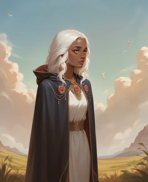 ((best quality)), ((masterpiece)), (detailed), 1girl, mixed race girl, African American + Caucasian girl with lighter skin, young woman, beautiful, skinny, white hair, modern western attire, cloak, wearing casual clothes underneath cloak