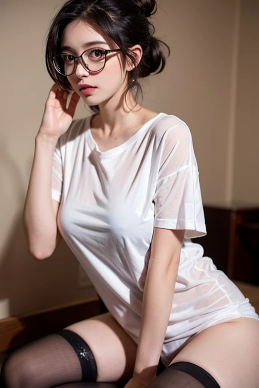 girl with messy bun hairstyle, oversized see-through tshirt, round glasses, black stockings, without underwear, E-cup, biggers , sexy body, blushing