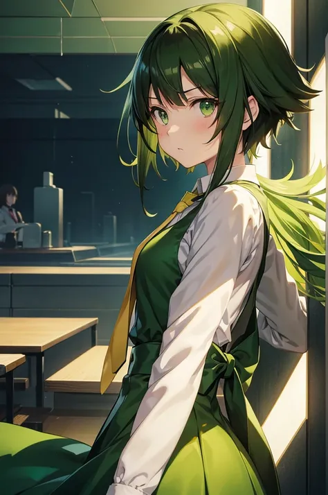 anime girl with green eyes and brown dress holding a yellow tie, makoto, tatsumaki, makoto shinka, steins;gate, steins ; gate, steins gate, iwakura lain, shinkai makoto, rin, makoto kano, female protagonist 👀 :8, female anime character, romanticism lain, a...