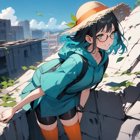 (masterpiece),(best quality),very aesthetic,(ultra-detailed),Collapsed civilization,(on the roof of a broken building),nsfw,1girl,25yo,slender,tall,medium hair,black hair,natural wave hair,flipped hair,dark green eyes,comfortable,grin,(glasses,straw hat wi...