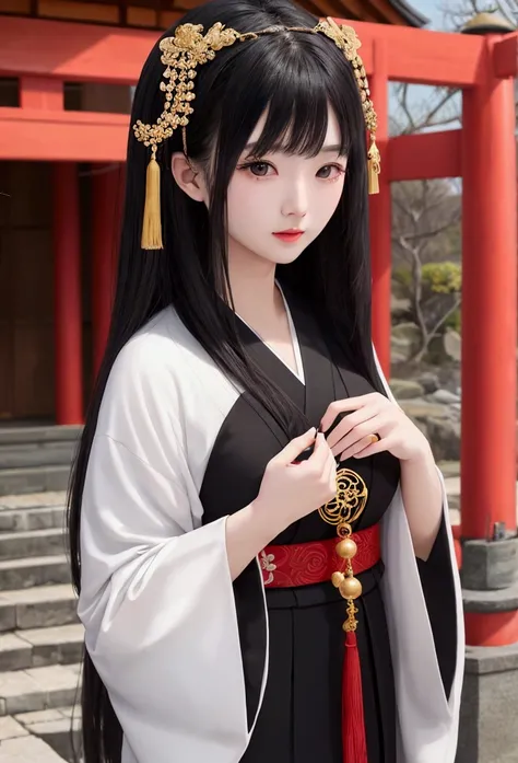 A black-haired woman holding a talisman like a Japanese shrine maiden。
The decoration is gorgeous。Less exposed skin、Well dressed。
Her bust size is modest and the background is mysterious nature.。
Create a vivid prompt in English