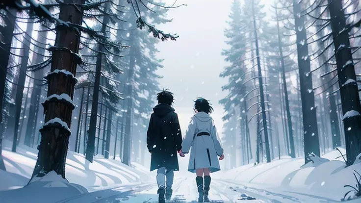 1chico in a hurry cargando en sus brazos a 1 chica, in a heavy snow storm, snow rain surrounding them, In a forest, in a hurry, dark scene an image of Makoto Shinkai, trend on pixiv, conceptual art, guweiz style artwork, Guweiz and Makoto Shinkai, Sakimich...