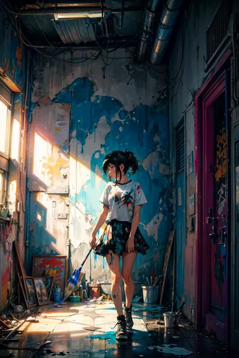 1girl,solo,cool,shirt and mini skirt,she has a brush,she is painting the wall,big paint,paint the whole wall,colorful,dynamic,intense,wild,crazy,dirty,in Derelict building