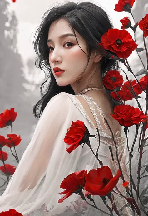 (masterpiece, best quality:1.2), 1 girl, alone,beautiful face，Red Reminimalist Art Nouveau，illustration style，black and red，flowers