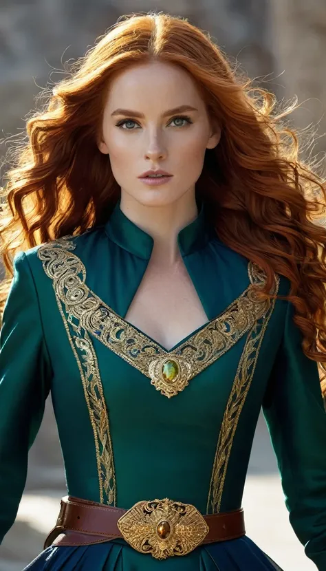 She has long, voluminous red hair that falls in loose curls. Her eyes are a striking green, and her face is oval-shaped with a determined and brave expression. She wears a dark blue dress with gold detailing and a belt that accentuates her waist. She is kn...