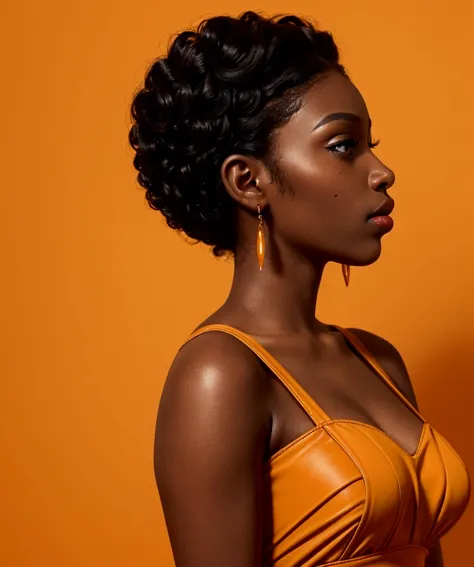 a beautiful black woman, sexly (fleshy lips) 12 Mo beautiful black woman, cor de pele chocolate, wearing a dress ((Very short)) rot, offwhite. Close up with a yellow-orange background. side profile