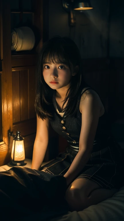 (((full body))), (((10 year old girl))), (((in dark cabin at night))), (((tired girl lying on bed))), Japanese, cute, dark hair, bobbed hair, (((faint lamp lighting))), straight face, no smile, uneasy expression, trainers and super mini skirt, horror movie...