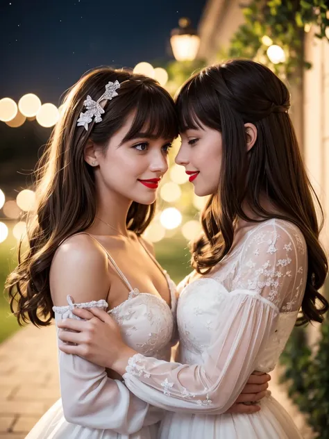 (extremely delicate and beautiful: 1.2), (two girl is deeply in love with each other, kiss:1.2), Bangs, blue eyes, Blur, background blur, bow, brown hair, shut up, side glance, Hair between the eyes, Hair Bow, lantern, light particles, long sleeves, see, l...