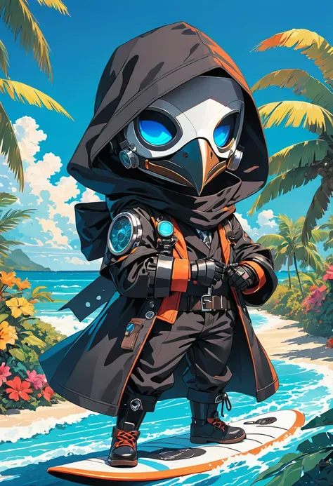 (masterpiece, best quality:1.1), (ultra highres, ultra-detailed:1.2),pop-art style,flatcolor, ((riding surfboard)),(in tropical resort,bluesky), BREAK chibi-boy,(male Mad-scientist),(wearing plague-doctor costume,white beak-mask),eyes glow blue,cool posing...