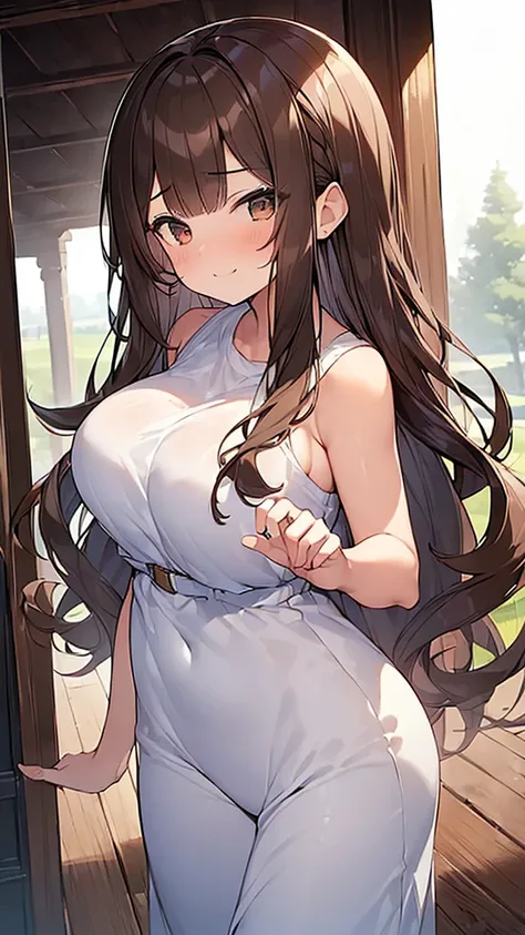 (Masterpiece, Top quality: 1.5), nsfw, (1 girl, solo :1.2), (large breasts:1.2), standard weight, (brown hair:1.4), (airy hair, wavy hair:1.3), long hair ,asymmetry bangs, swept bangs, 12 year old, smile:1.4, flustered:1.1, dynamic pose, magnificent panora...