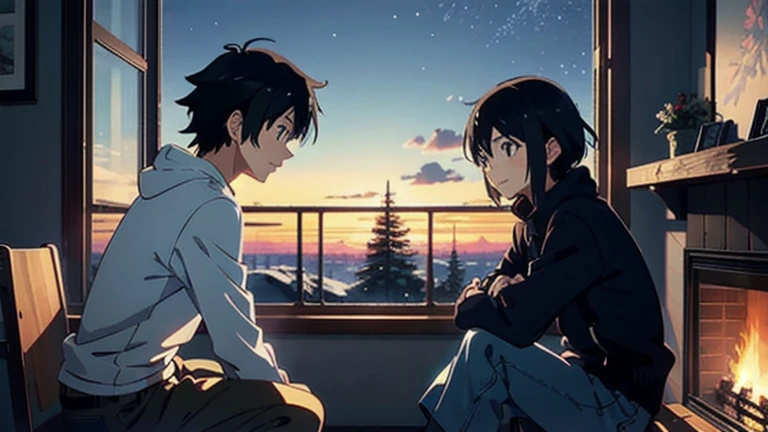 2 people, Pair of brothers boy and girl, sitting in front of a fireplace,with snow outside showing through a window, brothers sitting together, next to each other, smiling, happy an image of Makoto Shinkai, trend on pixiv, conceptual art, guweiz style artw...