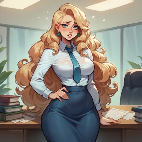 Beautiful woman 25 years old, not very high, long curly light blonde hair, Thin waist, big tits, well-shaped and large hips. She wears a secretary uniform with a tie, she is worried, check some files in his office