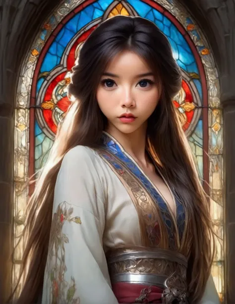 cute woman (age 26, Asian dress sexy, large sword, overly large eyes, long hair) sexy pose in front of a stained glass window
