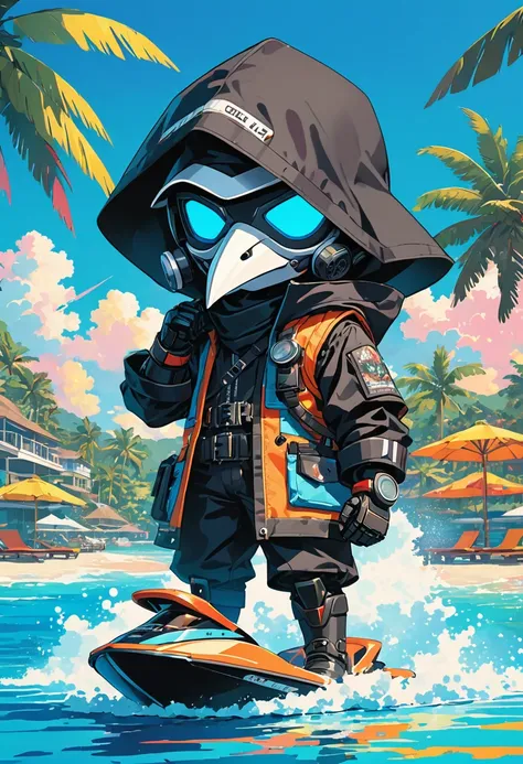 (masterpiece, best quality:1.1), (ultra highres, ultra-detailed:1.2),pop-art style,flatcolor, ((playing jet-ski)),,(in tropical resort,bluesky), BREAK chibi-boy,(male Mad-scientist),(wearing plague-doctor costume,white beak-mask),cool posing,eyes glow blue...