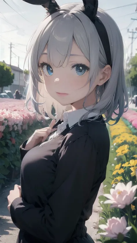 Highest quality, pretty girl, pastel colour, Fluffy bunny ears,Silver Hair,Blue colored eyes,Flower Field