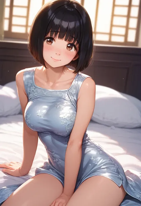 score_9,score_8_up,score_7_up,masterpiece,best quality, source anime, realistic, super detailed, extreme detailed, rating_safe,
1girl, sitting on bed, cowboy shot,
BREAK girl, 22yo, short hair, bob cut, (blunt bangs), black hair, (tareme, detailed cute bro...