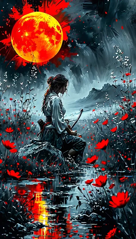 Black and white painting,Ink Painting,Young woman kneeling in a flowered meadow, warrior, night, Shining red moon, Torn Darkness, In a chaotic world, time is lost; Conditions of the Principle, Good values and habits no longer exist、No longer an honor. Sadl...