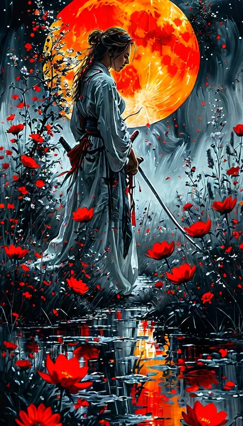 Black and white painting,Ink Painting,Young woman kneeling in a flowered meadow, warrior, night, Shining red moon, Torn Darkness, In a chaotic world, time is lost; Conditions of the Principle, Good values and habits no longer exist、No longer an honor. Sadl...