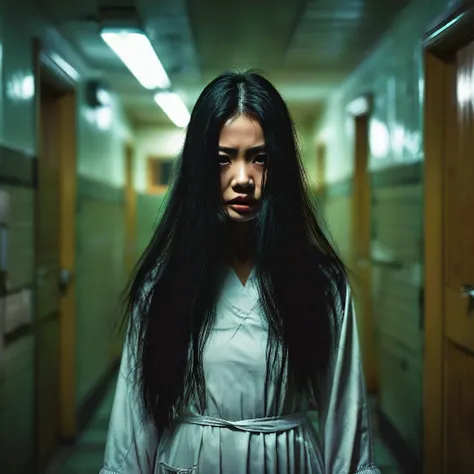 horror film shot of a creepy girl with very long straight black hair, hair covering her face, hair is very long until touches the ground, wearing a dirty hospital gown, standing alone in the hostel toilet, low key lighting, rule of the thirds, tonal color ...