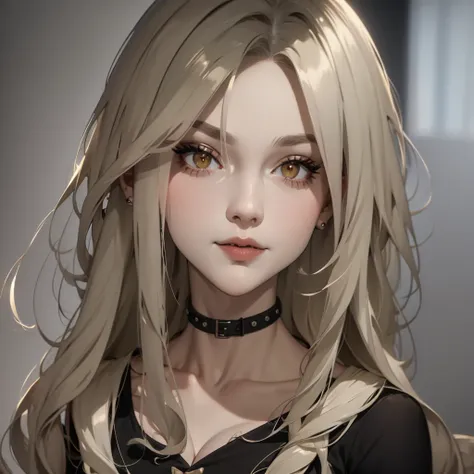 stone grey skin color, platinum blonde hair in short middle part undercut, red glowing eyes, vampire teeth, scars, black outfit,...