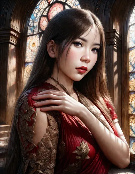 cute asian woman, 26 years old, long hair, large sword, sexy asian dress, overly large eyes, sensual pose, stained glass window, (best quality,4k,8k,highres,masterpiece:1.2),ultra-detailed,(realistic,photorealistic,photo-realistic:1.37),intricate details, ...