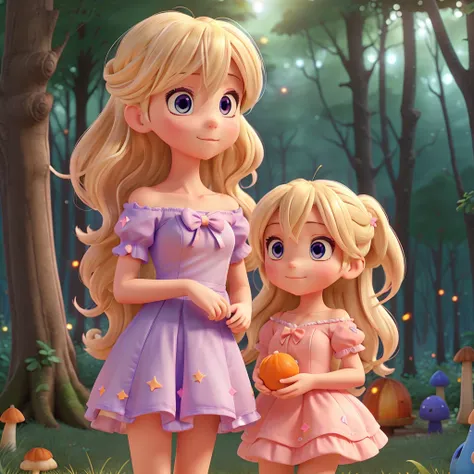 Anime girl with light blonde hair light blue purple eyes Wearing a pink, off-the-shoulder, puff-sleeved dress. And white knee-length boots sat in the forest next to orange mushrooms that were surrounded by fireflies under the stars as they sat.  