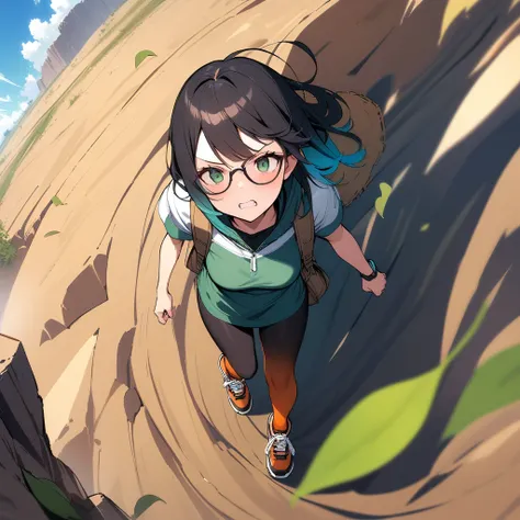 (masterpiece),(best quality),very aesthetic,(ultra-detailed),Collapsed civilization,(on top of the hill),nsfw,1girl,25yo,slender,tall,medium hair,black hair,natural wave hair,flipped hair,dark green eyes,><,clenching teeth,v-shaped eyebrows,(glasses,straw ...