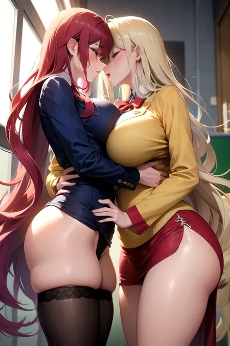 Lesbian (very long loose yellow hair)(big breasts, big thighs)(with  clothes it is very tight) that he is kissing at school with his girlfriend,(big breasts, big thighs)lesbian love