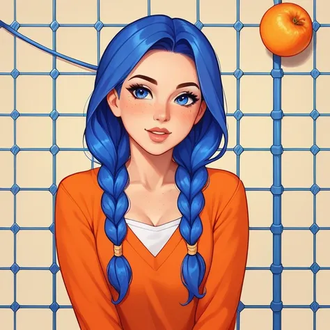 1 girl, Blue hair version dress, cable mesh, aretes, eyelash, takeout, freckles, fruta, blue colored eyes, jewerly, lips, long hair, long sleeves, looking ahead at viewer, mandarin orange, orange (fruta), orange slice,ful dressed de alça branco com flores,...