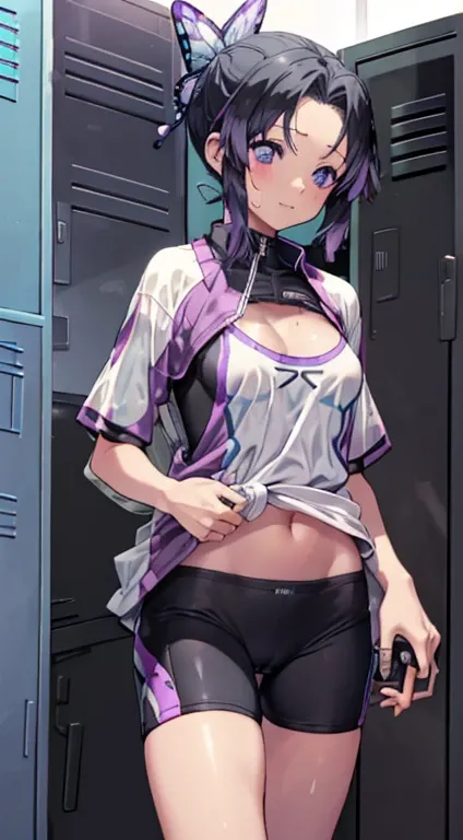 nsfw, kochou shinobu, Change of clothes, (((Cycling Shorts, Cycling shirts))), ((((((locker room)))))) , whole body, boost mood, Ultra-realistic 8K CG，masterpiece,, （（Highly detailed background，Delicate pattern，Intricate details, Fine and beautiful eyes）），...