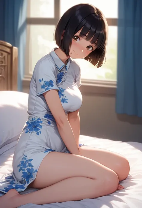 score_9,score_8_up,score_7_up,masterpiece,best quality, source anime, realistic, super detailed, extreme detailed, rating_safe,
1girl, sitting on bed, cowboy shot,
BREAK girl, 22yo, short hair, bob cut, (blunt bangs), black hair, (tareme, detailed cute bro...