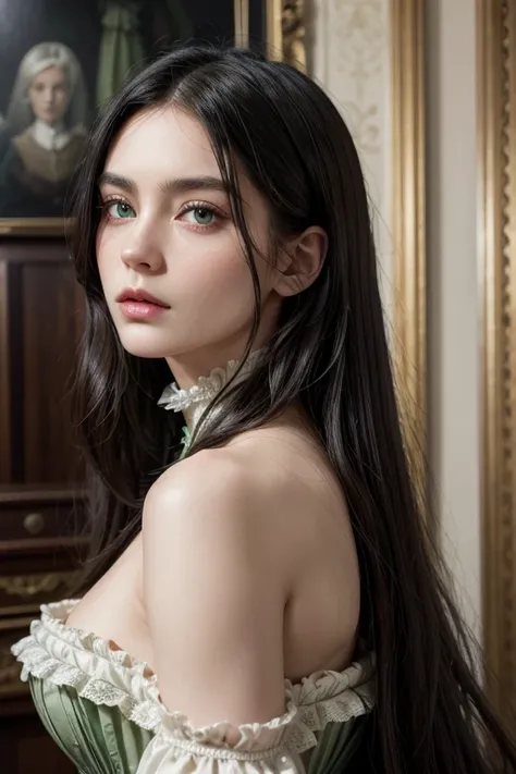 ((Best Quality)) victorian era woman, White skin, long black hair, emerald green eyes, marked cheekbones and jaw