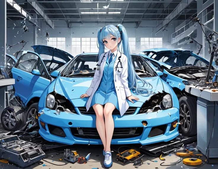 Light blue long hair、Beautiful girl with twin tails、Car crash experiment in lab coat、A laboratory in a large warehouse、Serious face、Car crashed into wall、Front part damaged、There are many measuring instruments lined up、Measuring a wrecked car with a large ...