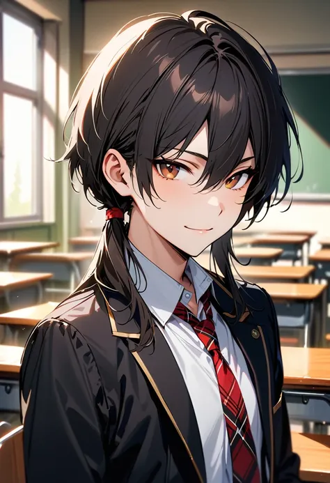 (masterpiece, best quality:1.3), A young man, 19-years-old, average height, slender figure, solo, fair skin, (short tousled black hair thats parted in the middle:1.2), brown eyes, black blazer, white shirt, red plaid necktie, black pants, warm smile, soft ...