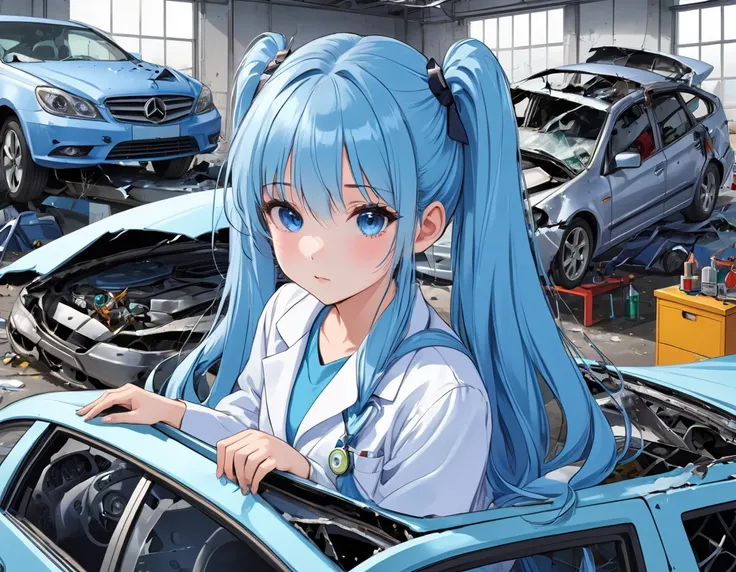 Light blue long hair、Beautiful girl with twin tails、Car crash experiment in lab coat、A laboratory in a large warehouse、Serious face、Car crashed into wall、Front part damaged、There are many measuring instruments lined up、Measuring a wrecked car with measurin...