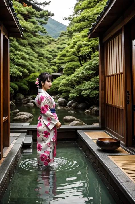 Woman in kimono next to an onsen