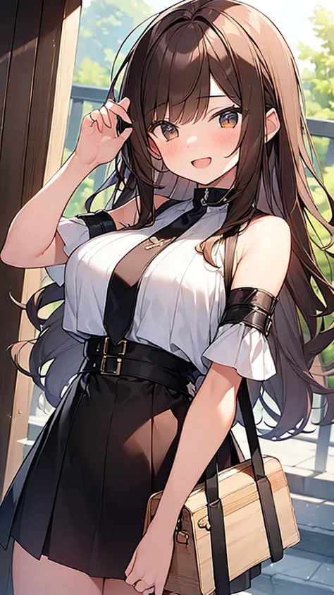 (Masterpiece, Top quality: 1.5), (1 girl, solo :1.2), large breasts:1.2, standard weight, (brown hair:1.4), (airy hair, wavy hair:1.3), long hair ,asymmetry bangs, swept bangs, 12 year old, smile:1.4, flustered:1.1, dynamic pose, magnificent panorama view,...