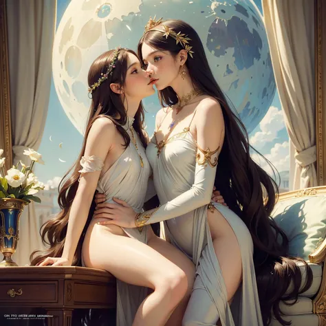 (masterpiece, highest quality, official art, beauty and aesthetic:1.5), oil painting by Leonardo da Vinci and Alfons Maria Mucha, (perfect anatomy), two gorgeous and stunning pale-skinned young pregnant goddesses is deeply in love with each other, kiss, fa...