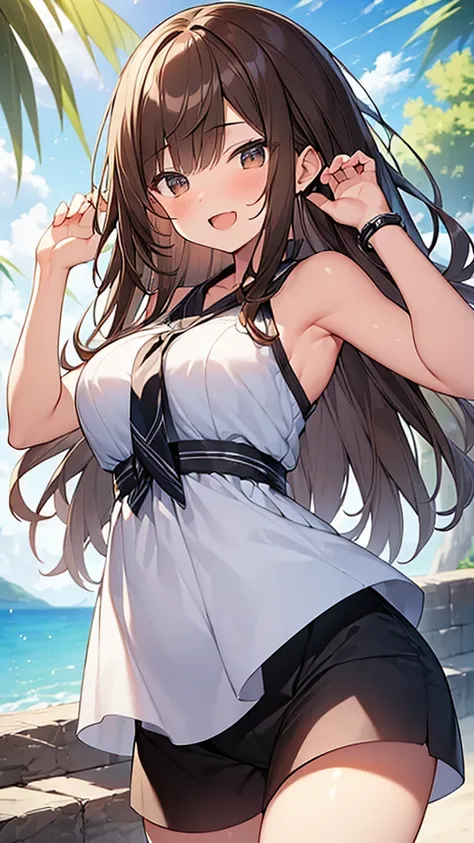 (Masterpiece, Top quality: 1.5), (1 girl, solo :1.2), large breasts:1.2, standard weight, (brown hair:1.4), (airy hair, wavy hair:1.3), long hair ,asymmetry bangs, swept bangs, 12 year old, smile:1.4, flustered:1.1, dynamic pose, magnificent panorama view,...