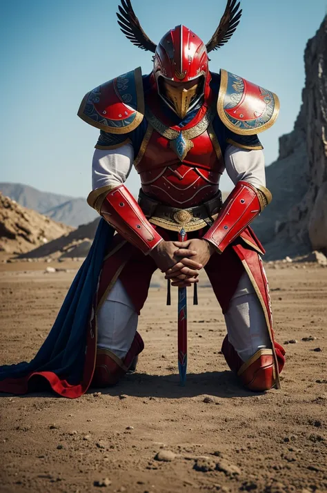 Generates an image of a bird-headed warrior kneeling after defeating his enemies on the ground.  The warrior is in the center of the image and his suit is red, blue and white. He has the body of a muscular athlete