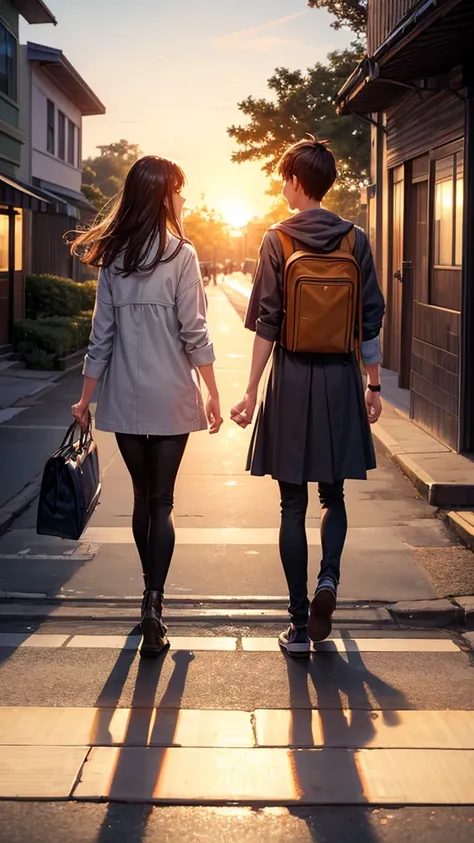 Create a pic of two friends walking in street at sunset time, the street should covered with trees both the sides, the view should be from back side and it should be kind of peaceful place