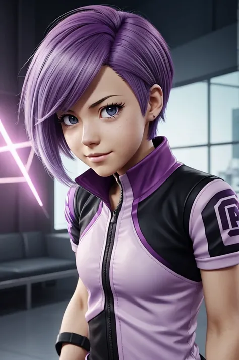 Screenshot of my hero academia. 
Girl with lilac hair with black highlights, slightly noticeable dark circles with short straight hair