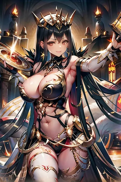 tiara, dress, showgirl skirt, long hair, black hair, red eyes, hair between eyes, cleavage, large breasts, bare thighs, bare shoulder, thighighs, panties, navel, sleeveless, midriff, perfect hands, perfect fingers, acuurate fingers, super fine illustration...