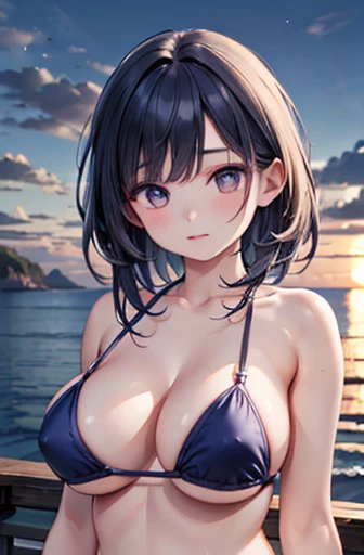 Realistic、1 girl、Indigo Hair、Natural Eyeshadow Bikini、Beautiful breasts、Near the sea、Particles of light、light、wallpaper、Large Breasts