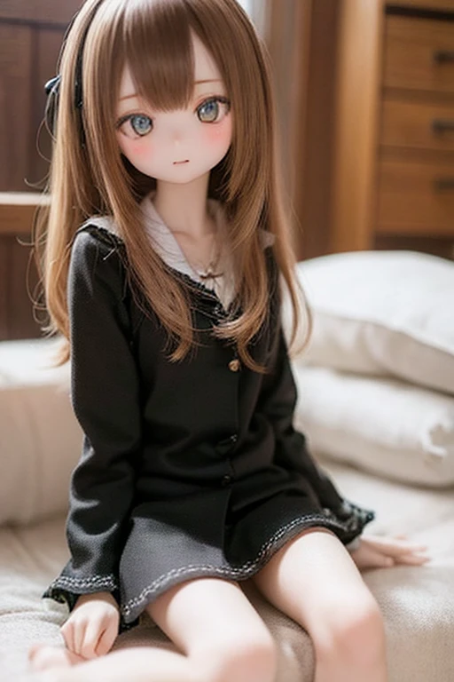 kukolnydom, doll, 1girl, sitting on bed, pajamas, bedroom