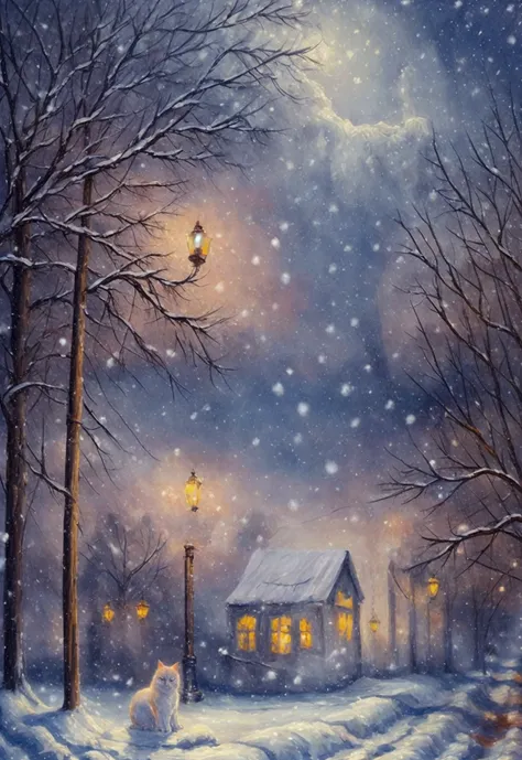 White angelic cat sitting on a deck rail in snow with Christmas town scene in background, falling snow night time with old time candle street lights, misty impressionist paint art style, broad brush strokes,