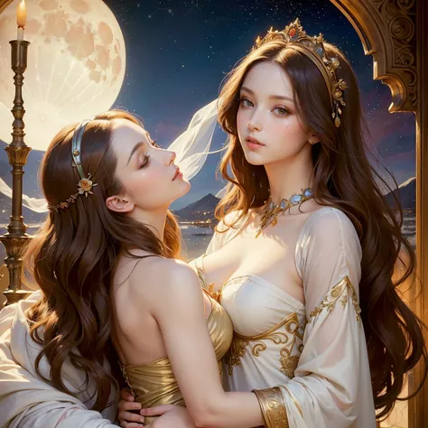 (masterpiece, highest quality, official art, beauty and aesthetic:1.5), oil painting by Leonardo da Vinci and Alfons Maria Mucha, (perfect anatomy), two gorgeous and stunning pale-skinned young pregnant goddesses is deeply in love with each other, kiss, fa...